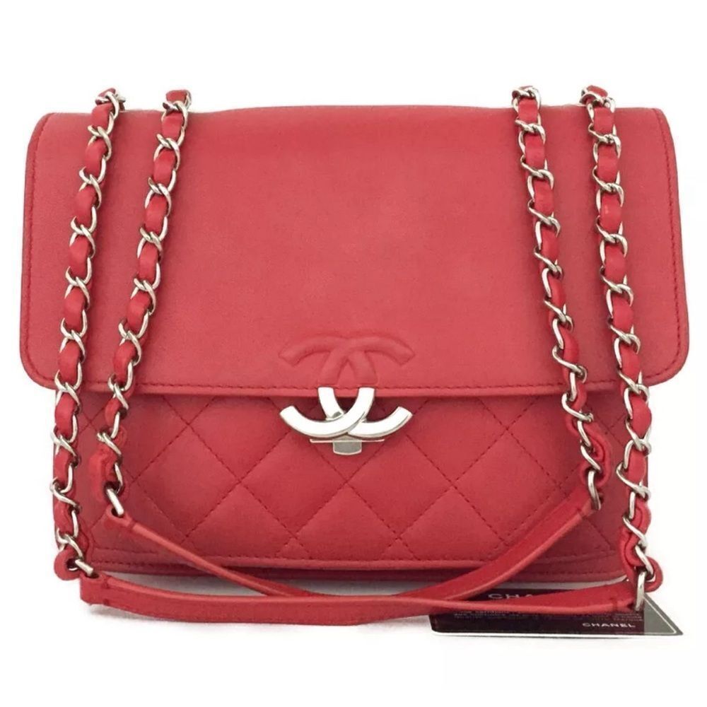 Auth Chanel Tramezzo Box Flap Double CC Logo Calfskin Chain Shoulder Bag Red